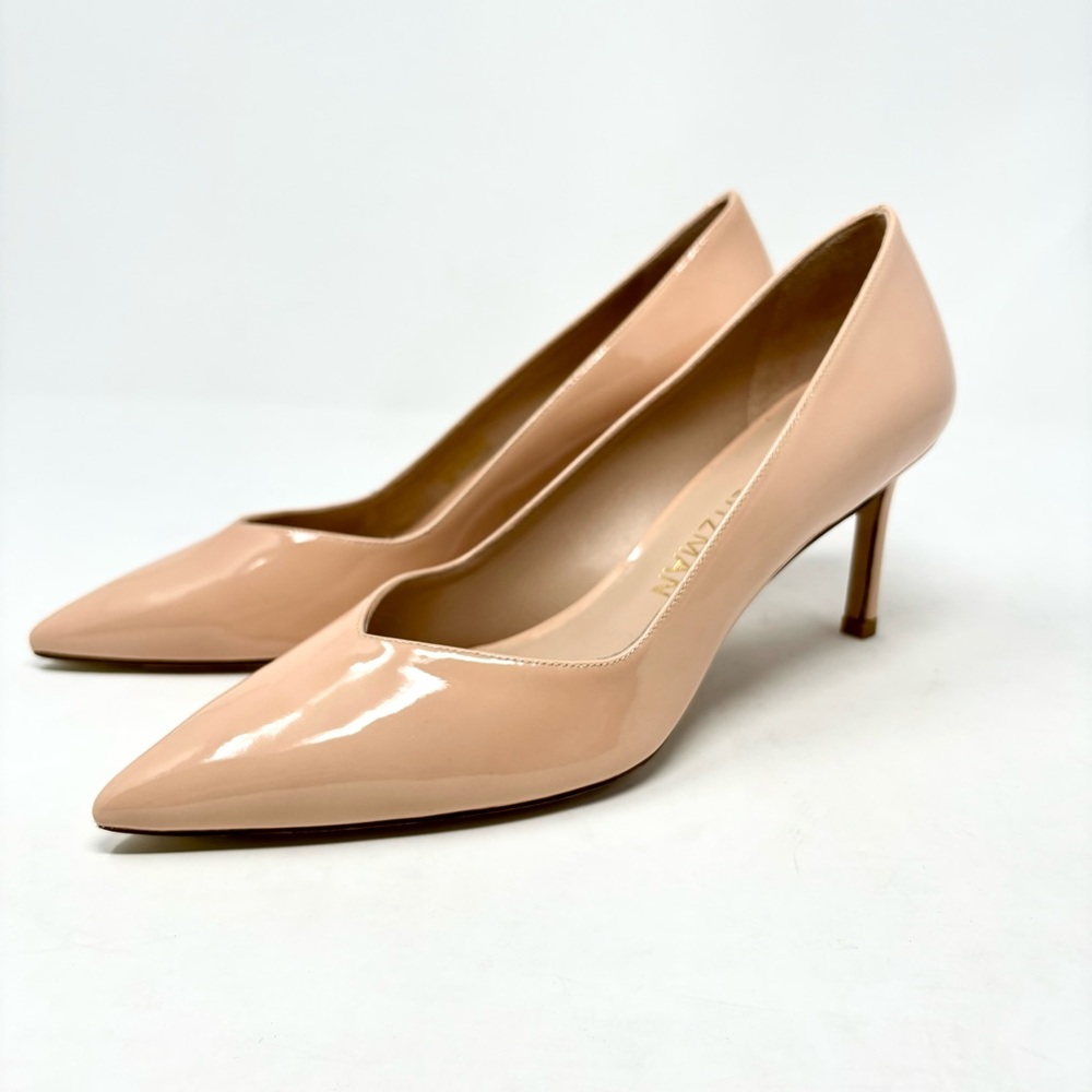 Stuart Weitzman Anny 70mm Patent Leather Pointed Toe Pump Taupe Adobe Size 9